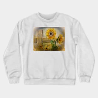 Watercolor Sunflower and Old Fence Crewneck Sweatshirt